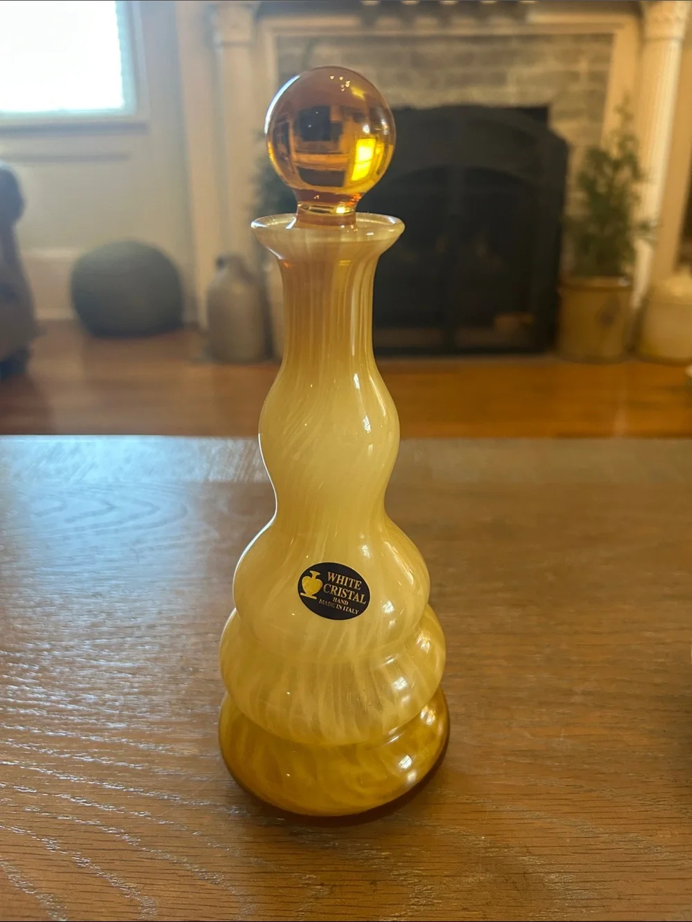 VTG White Cristal Amber & Cream Swirl Glass Decanters with Stoppers
